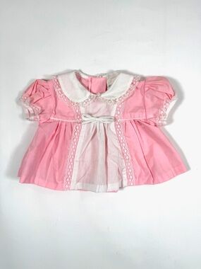BABYFAIR Vintage 1980s Pink Lace Baby Dress Top Peter Pan Collar Infant 0-6M